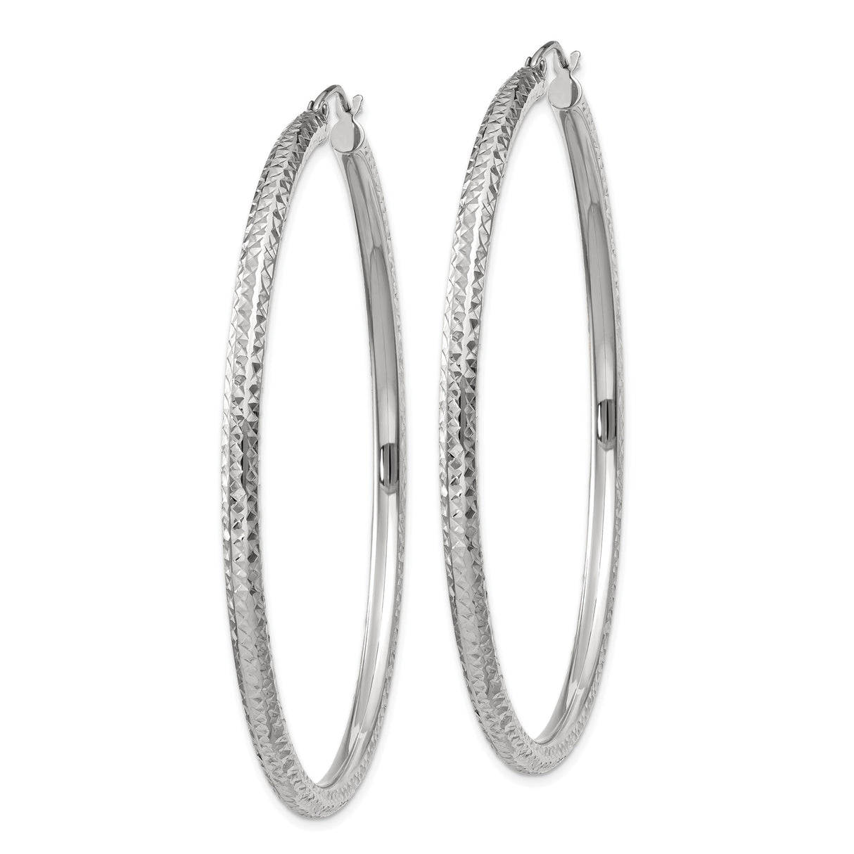 10k White Gold Hoop Earrings, Textured Diamond Cut Lightweight Classic Round Design for Women
