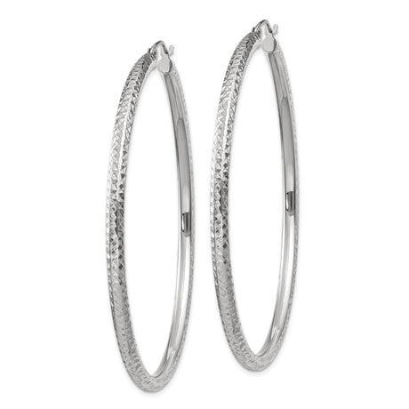 10k White Gold Hoop Earrings, Textured Diamond Cut Lightweight Classic Round Design for Women