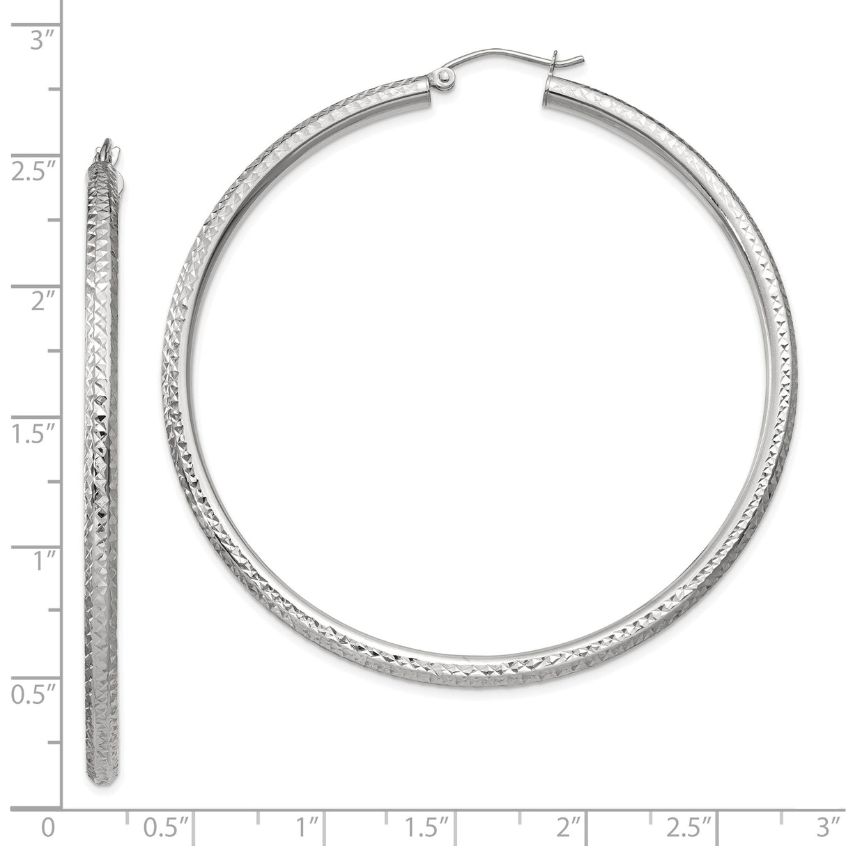 10k White Gold Hoop Earrings, Textured Diamond Cut Lightweight Classic Round Design for Women