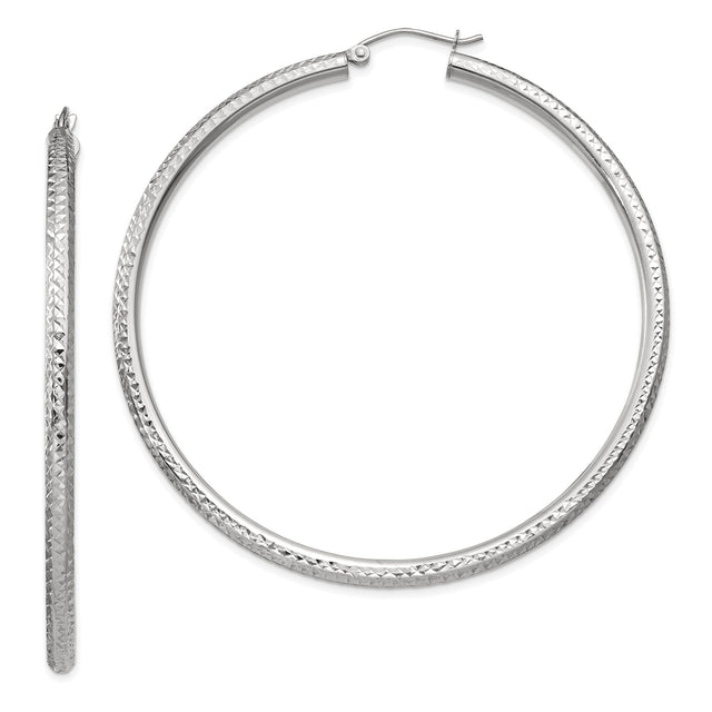 10k White Gold Hoop Earrings, Textured Diamond Cut Lightweight Classic Round Design for Women
