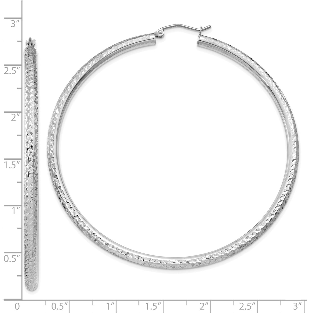 10k White Gold Hoop Earrings, Large Diamond Cut Textured Round Hoops, High Polish Finish