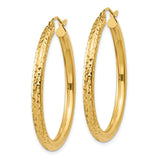 10k Yellow Gold Hoop Earrings, Diamond-Cut Round Design with Textured Finish