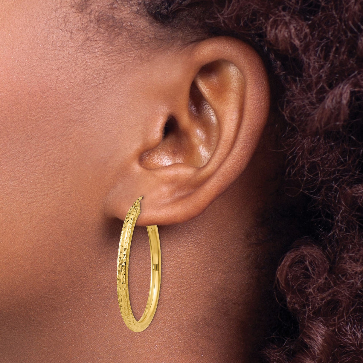 10k Yellow Gold Hoop Earrings, Diamond-Cut Round Design with Textured Finish