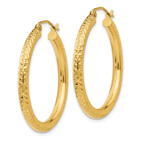 10k Yellow Gold Hoop Earrings, Diamond Cut Textured Round Hoops with Latch Back Closure