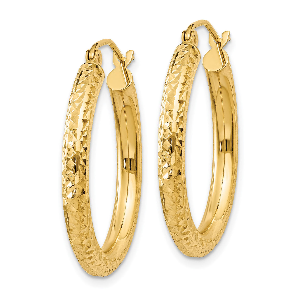 10k Yellow Gold Hoop Earrings, Textured Round Diamond Cut Design, Polished Lightweight Style