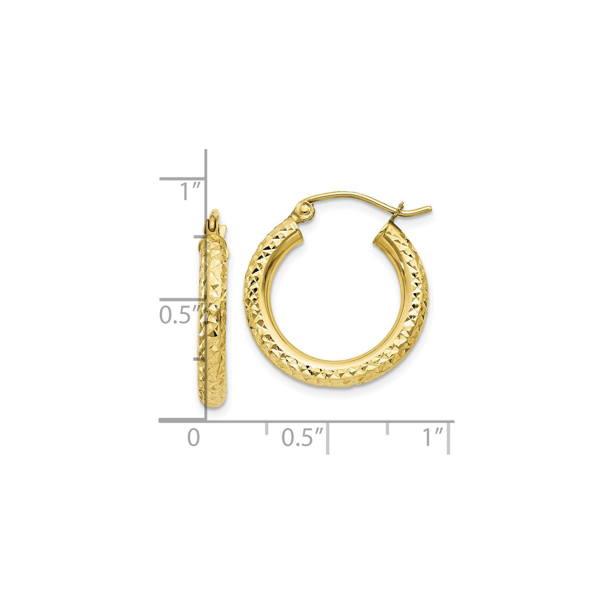10k Yellow Gold Hoop Earrings, Diamond-Cut Textured Round Design with Latch Back Closure