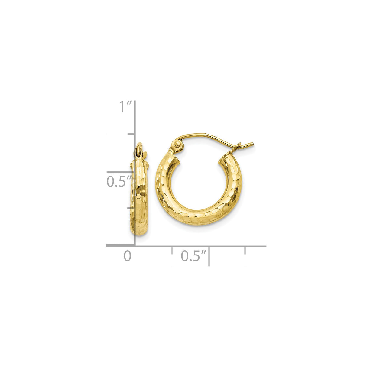 10k Yellow Gold Hoop Earrings, Hammered Finish Medium Dome Hoops for Women