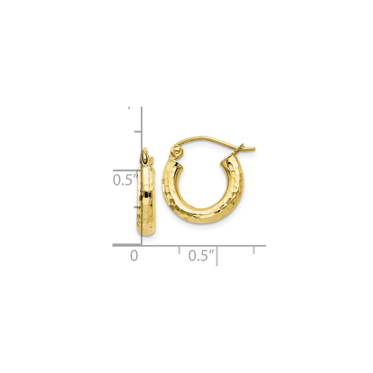 10k Yellow Gold Hoop Earrings, Hammered Textured Round Design, Lightweight Polished Finish
