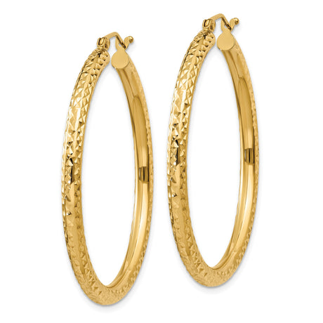 10k Yellow Gold Hoop Earrings, Diamond Cut Textured Round Design, High Polish Finish