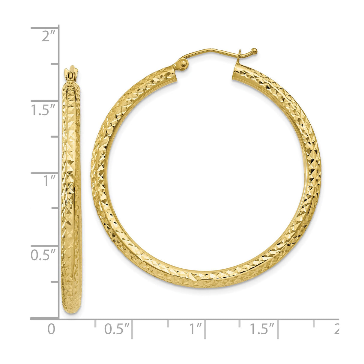 10k Yellow Gold Hoop Earrings, Diamond Cut Textured Round Design, High Polish Finish