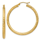 10k Yellow Gold Hoop Earrings, Diamond Cut Textured Round Design, High Polish Finish