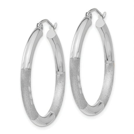 10k White Gold Hoop Earrings, Polished Textured Finish with Diamond Cut Detail, Medium Size