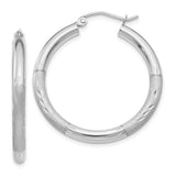 10k White Gold Hoop Earrings, Polished Textured Finish with Diamond Cut Detail, Medium Size