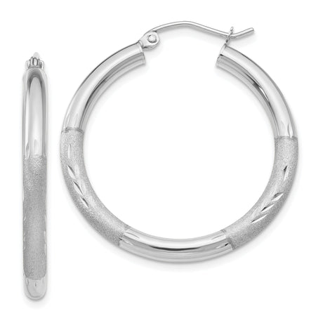 10k White Gold Hoop Earrings, Polished Textured Finish with Diamond Cut Detail, Medium Size