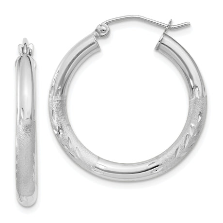 10k White Gold Hoop Earrings, Diamond Cut Textured Design, Polished Finish, Lightweight Round Style