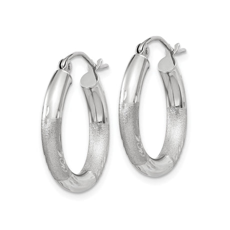 10k White Gold Hoop Earrings, Satin and Polished Finish with Leaf Pattern