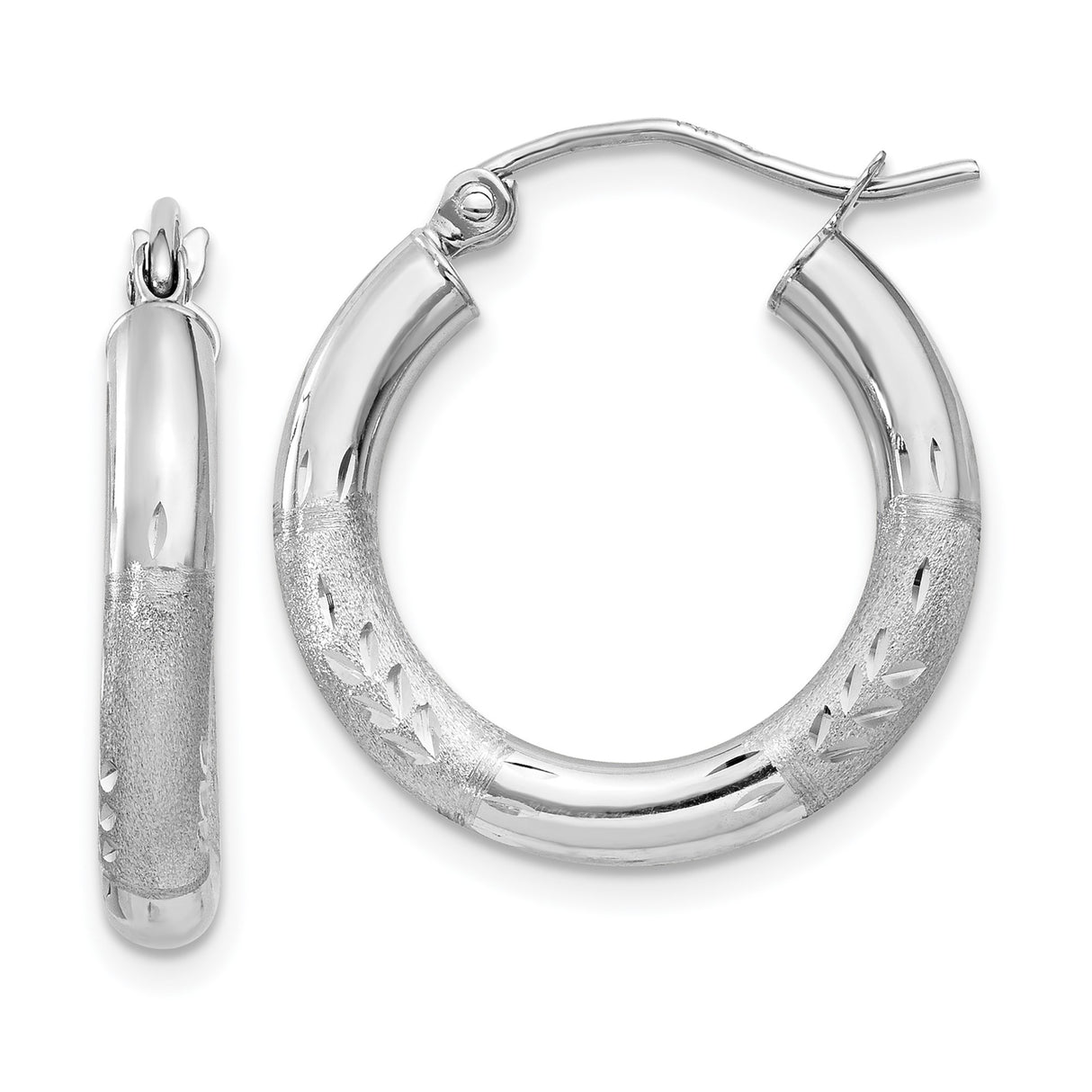 10k White Gold Hoop Earrings, Satin and Polished Finish with Leaf Pattern