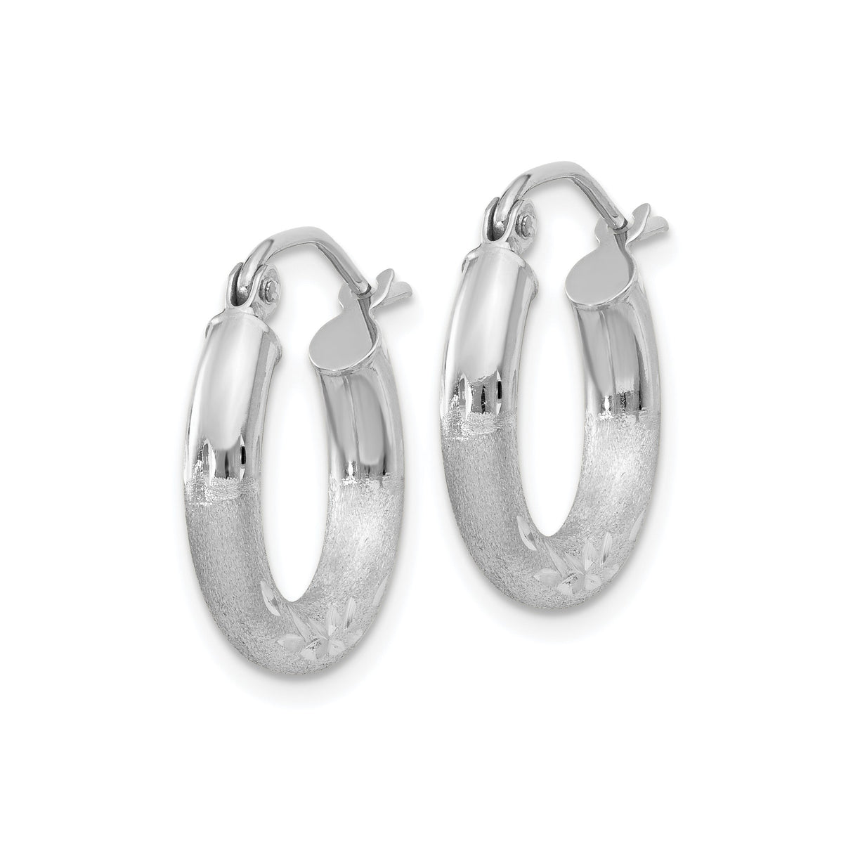 10k White Gold Hoop Earrings with Satin Finish and Diamond Cut Leaf Pattern