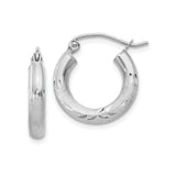 10k White Gold Hoop Earrings with Satin Finish and Diamond Cut Leaf Pattern