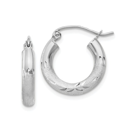 10k White Gold Hoop Earrings with Satin Finish and Diamond Cut Leaf Pattern