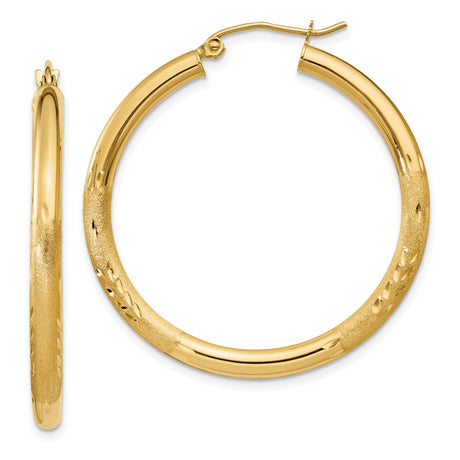 10k Yellow Gold Hoop Earrings, Classic Round with Polished Textured Finish, Lightweight Design