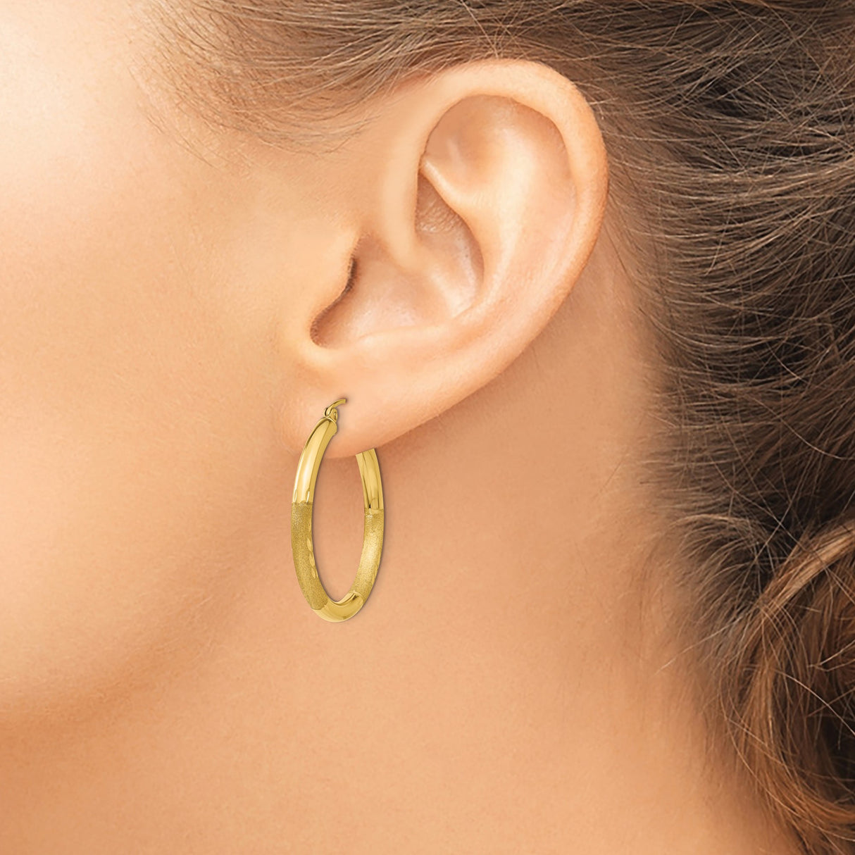 10k Yellow Gold Hoop Earrings, Textured and Polished Medium Round with Satin Diamond Cut Finish