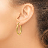 10k Yellow Gold Hoop Earrings, Textured and Polished Medium Round with Satin Diamond Cut Finish