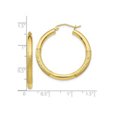 10k Yellow Gold Hoop Earrings, Textured and Polished Medium Round with Satin Diamond Cut Finish