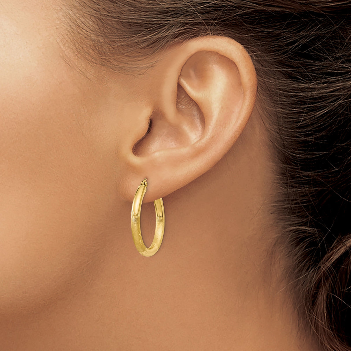10k Yellow Gold Hoop Earrings, Polished and Textured Diamond Cut Medium Hoops for Women