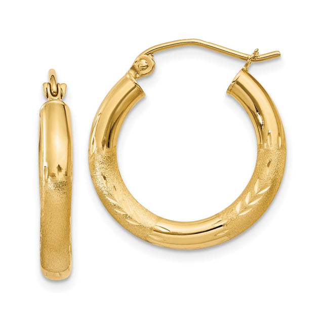 10k Yellow Gold Hoop Earrings with Polished and Textured Leaf Detail, Classic Round Design