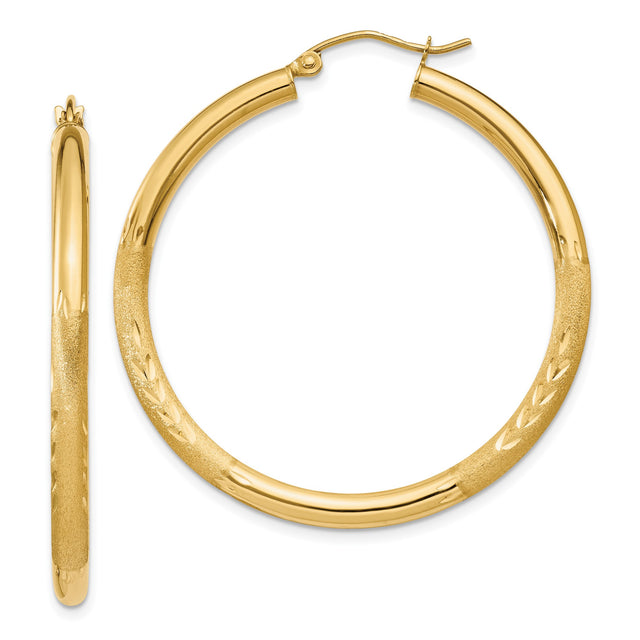 10k Yellow Gold Hoop Earrings, Lightweight Textured Round Hoops with Leaf Pattern