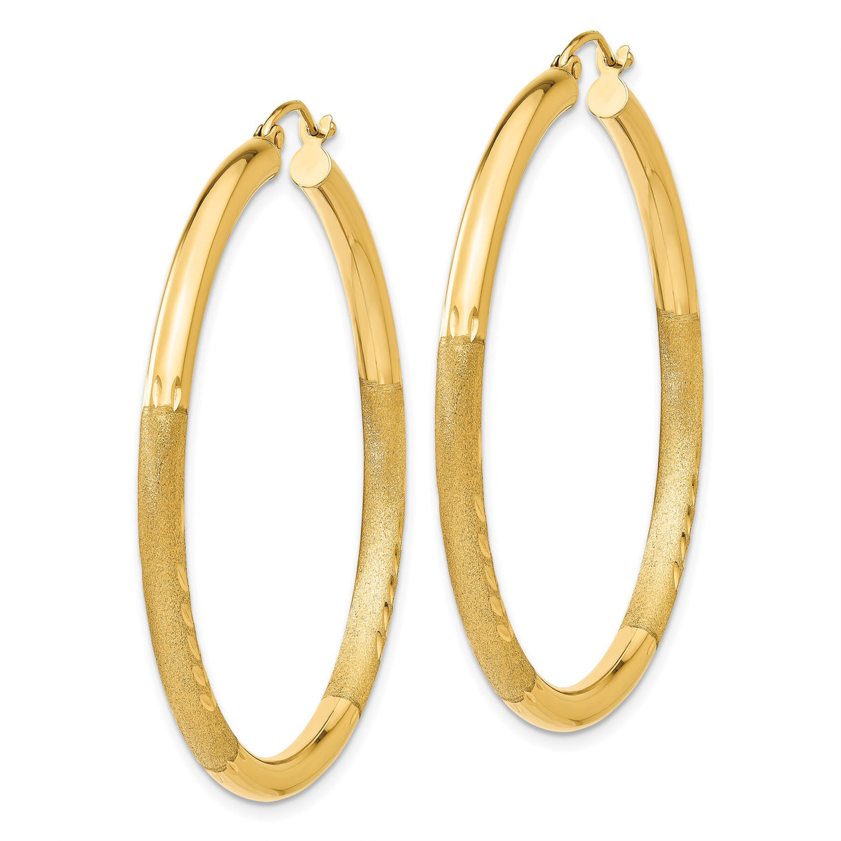 10k Yellow Gold Hoop Earrings with Polished Textured Leaf Pattern, Lightweight Round Design