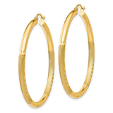 10k Yellow Gold Hoop Earrings with Polished Textured Leaf Pattern, Lightweight Round Design