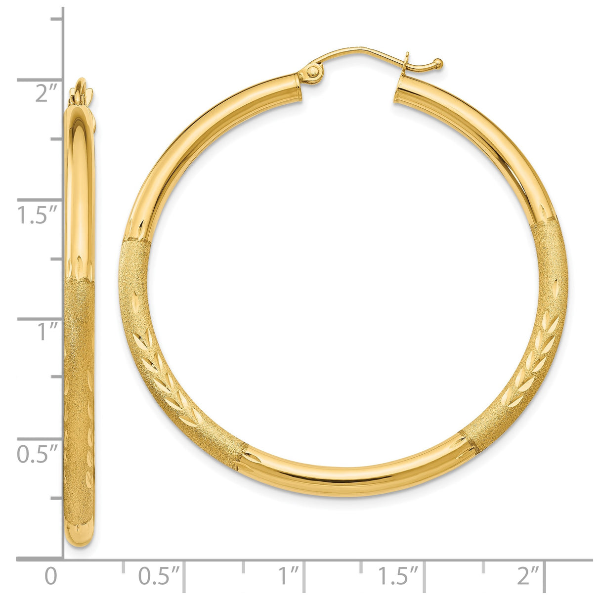 10k Yellow Gold Hoop Earrings with Polished Textured Leaf Pattern, Lightweight Round Design