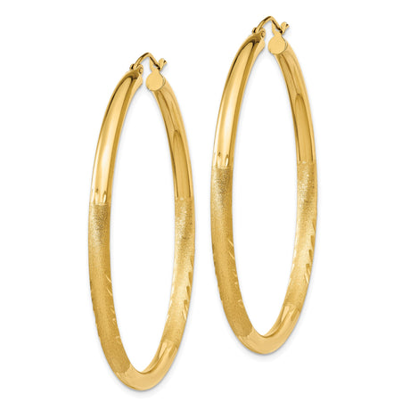 10k Yellow Gold Hoop Earrings with Etched Leaf Design and High Polish Finish