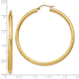10k Yellow Gold Hoop Earrings with Etched Leaf Design and High Polish Finish