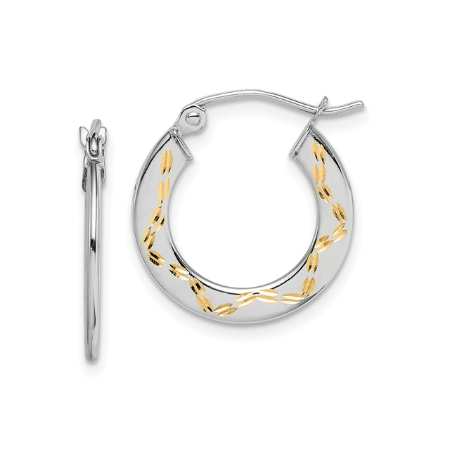 10k White Gold Hoop Earrings with Polished Yellow Gold Leaf Accents, Two-Tone Design
