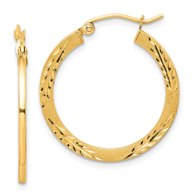 10k Yellow Gold Hoop Earrings with Matte Textured Finish and Laurel Leaf Motif