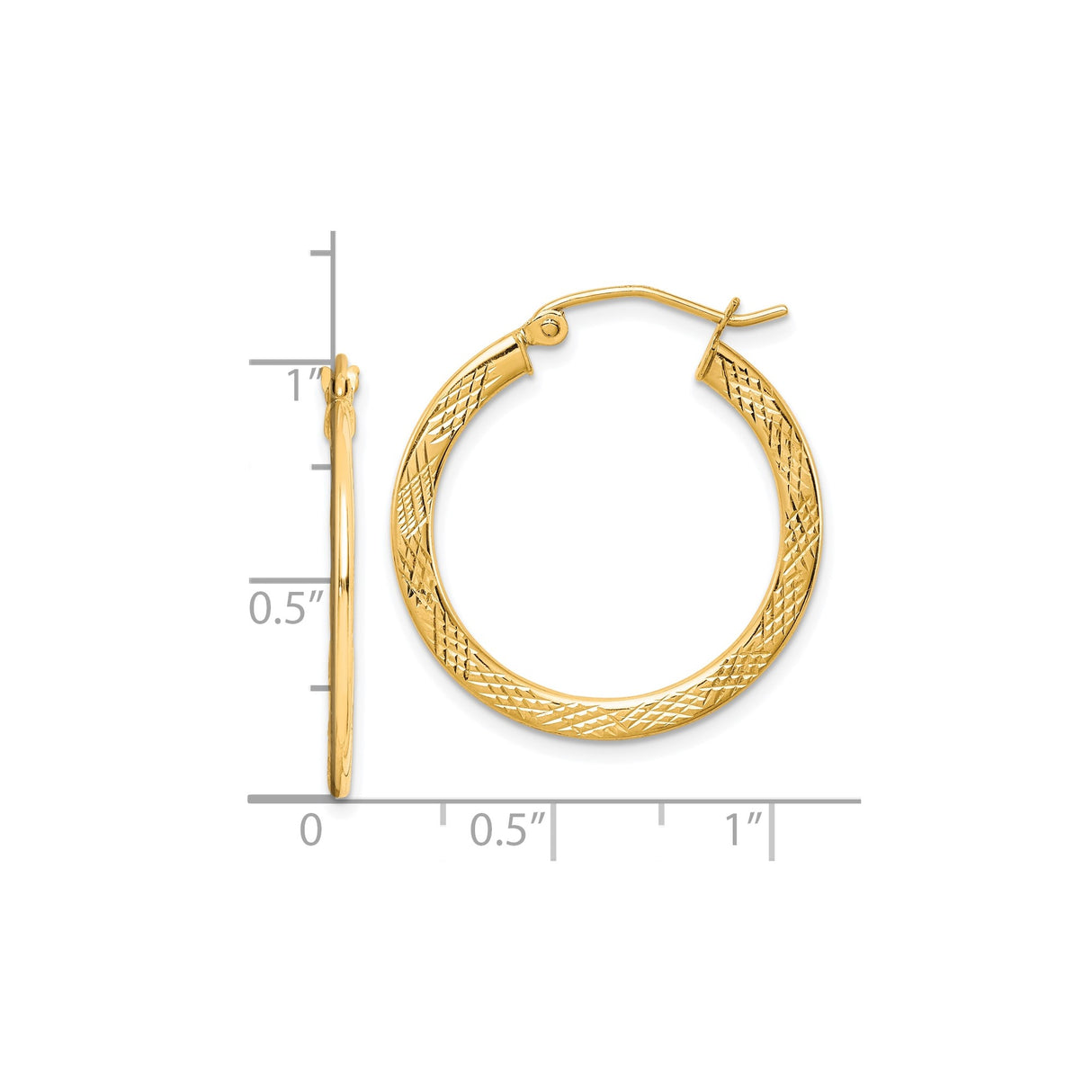 10k Yellow Gold Hoop Earrings, Textured Diamond Cut Round Design, Lightweight Classic Style