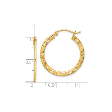 10k Yellow Gold Hoop Earrings, Textured Diamond Cut Round Design, Lightweight Classic Style