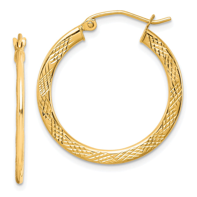 10k Yellow Gold Hoop Earrings, Textured Diamond Cut Round Design, Lightweight Classic Style