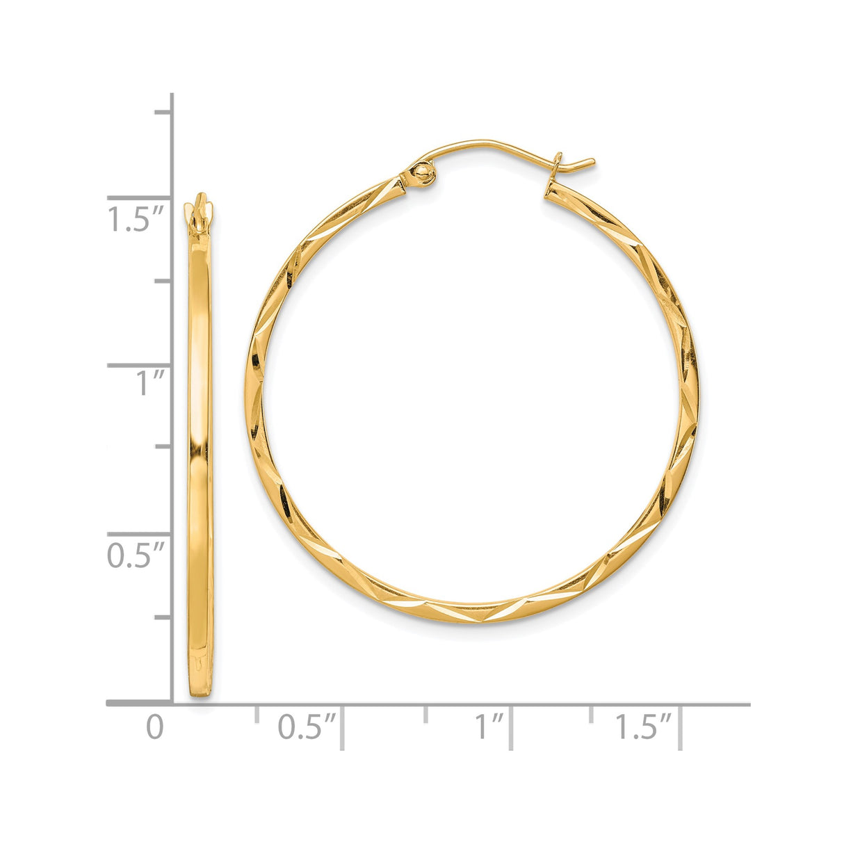 10k Yellow Gold Hoop Earrings, Diamond Cut Textured Round Hoops, Medium Lightweight Style for Women