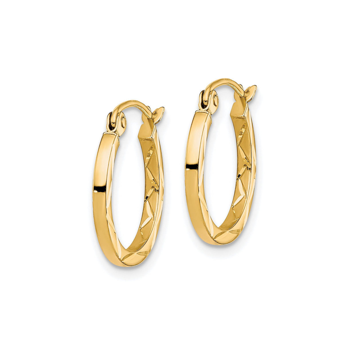 10k Yellow Gold Hoop Earrings with Polished Diamond Cut Diagonal Pattern, Lightweight Round Design