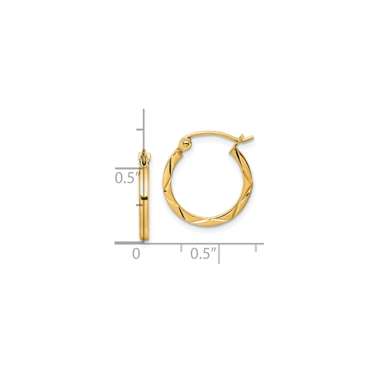 10k Yellow Gold Hoop Earrings with Polished Diamond Cut Diagonal Pattern, Lightweight Round Design