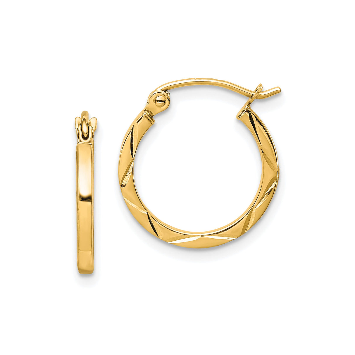 10k Yellow Gold Hoop Earrings with Polished Diamond Cut Diagonal Pattern, Lightweight Round Design