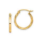 10k Yellow Gold Hoop Earrings with Polished Diamond Cut Diagonal Pattern, Lightweight Round Design