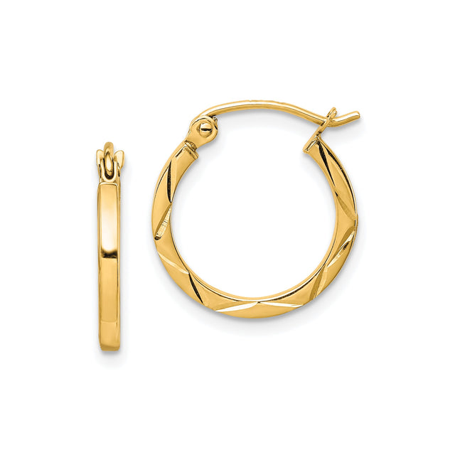 10k Yellow Gold Hoop Earrings with Polished Diamond Cut Diagonal Pattern, Lightweight Round Design