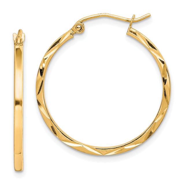 10k Yellow Gold Hoop Earrings, Diamond Cut Twist Design, Polished Lightweight Style for Women