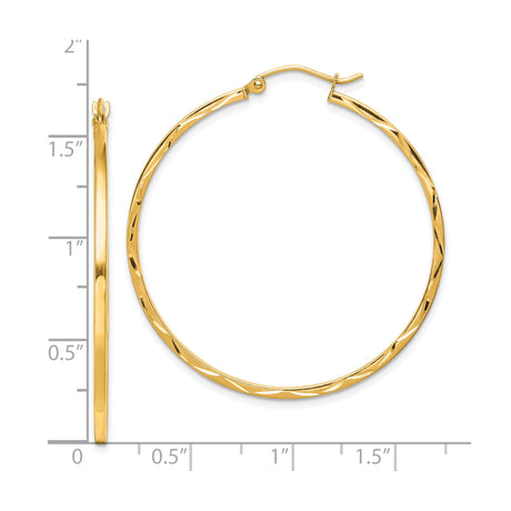10k Yellow Gold Hoop Earrings, Twisted Diamond Cut Design, Lightweight Classic Style