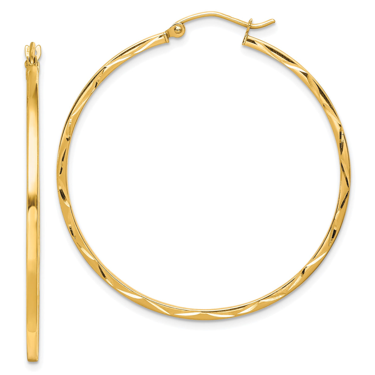 10k Yellow Gold Hoop Earrings, Twisted Diamond Cut Design, Lightweight Classic Style